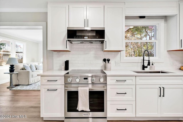 kitchen featuring sink, stainless steel appliances, tasteful backsplash, light hardwood / wood-style floors, and white cabinets