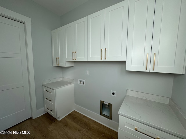 clothes washing area with cabinets, washer hookup, hookup for an electric dryer, and dark wood-type flooring