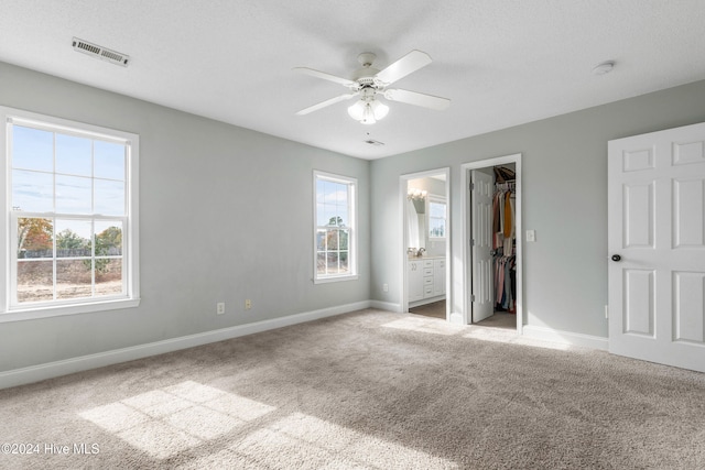 unfurnished bedroom with multiple windows, a walk in closet, light carpet, and a closet