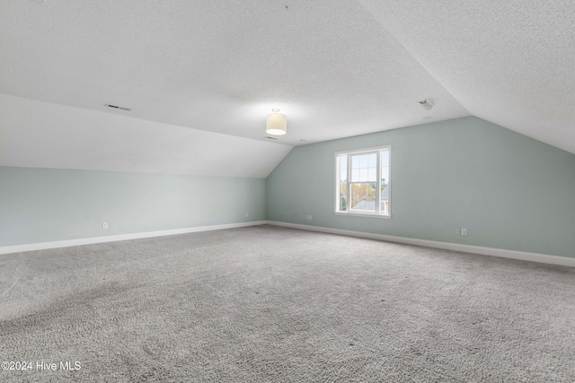 additional living space featuring lofted ceiling, carpet flooring, and a textured ceiling