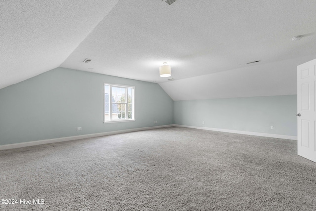 additional living space featuring lofted ceiling, a textured ceiling, and carpet