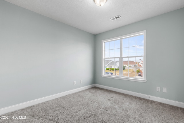 unfurnished room with a textured ceiling and carpet