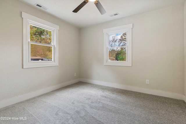 carpeted empty room featuring a wealth of natural light and ceiling fan