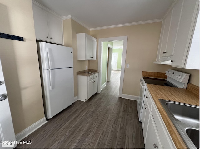 kitchen featuring white cabinetry, ornamental molding, electric range oven, white fridge, and dark hardwood / wood-style flooring