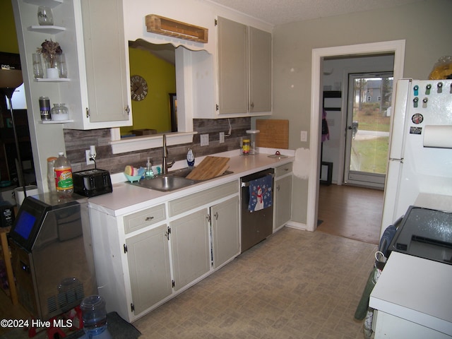 kitchen featuring white cabinets, a textured ceiling, tasteful backsplash, sink, and stainless steel dishwasher