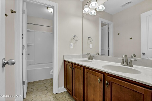 bathroom with vanity, independent shower and bath, and tile patterned floors