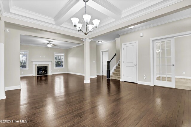 dining room featuring ornamental molding, beamed ceiling, and dark hardwood / wood-style floors