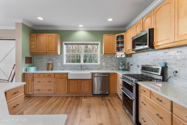 kitchen featuring light hardwood / wood-style floors, sink, appliances with stainless steel finishes, backsplash, and a barn door