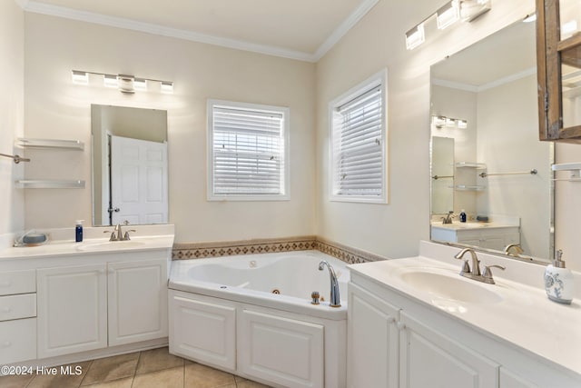 bathroom with vanity, tile patterned flooring, a bathtub, and ornamental molding