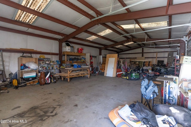 garage with a workshop area