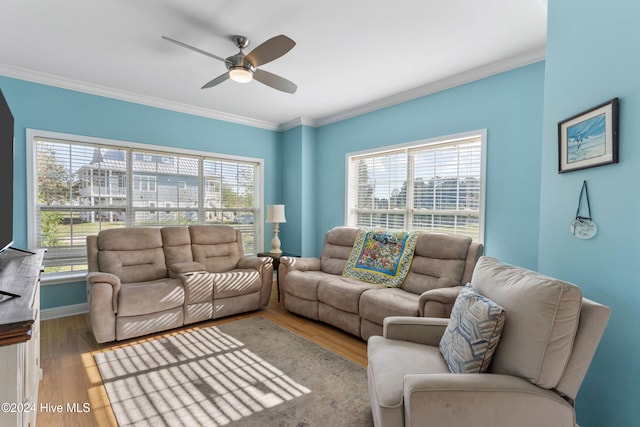 living room with ceiling fan, light hardwood / wood-style flooring, and ornamental molding