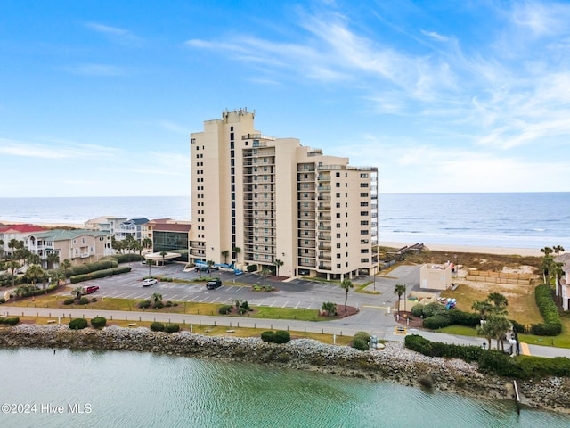 drone / aerial view with a water view