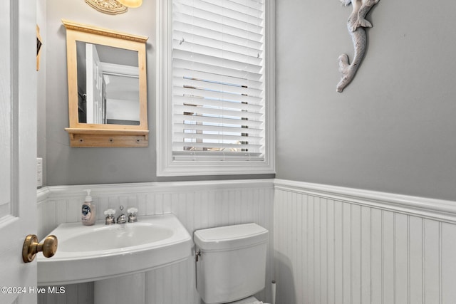 half bathroom featuring wainscoting, a sink, and toilet