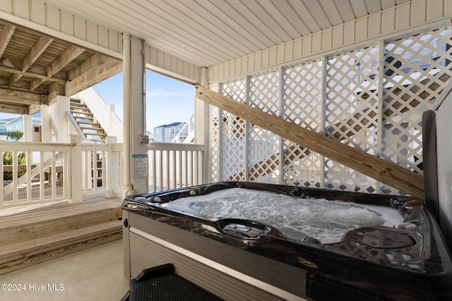 view of patio featuring a hot tub