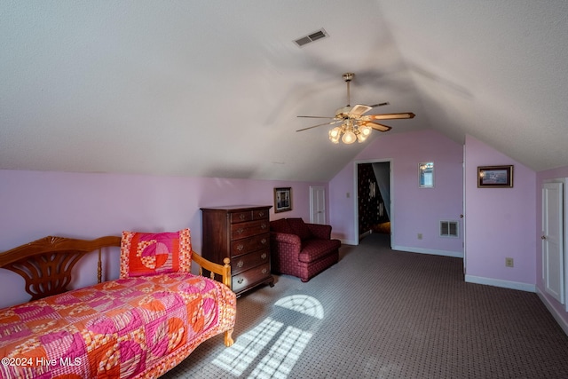 carpeted bedroom featuring ceiling fan and lofted ceiling