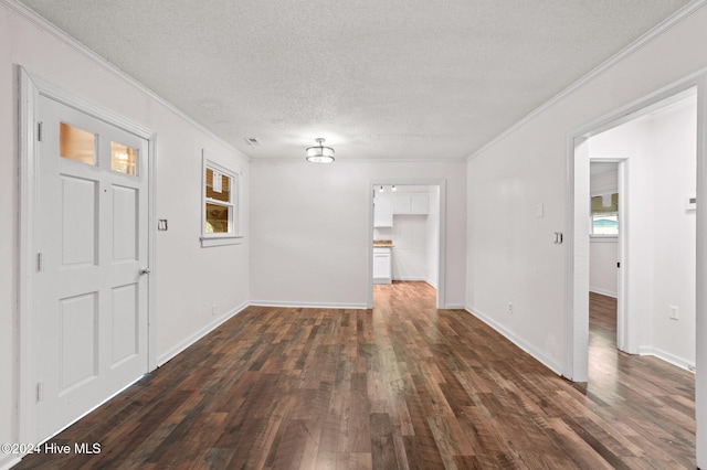 interior space featuring dark hardwood / wood-style flooring, ornamental molding, and a textured ceiling