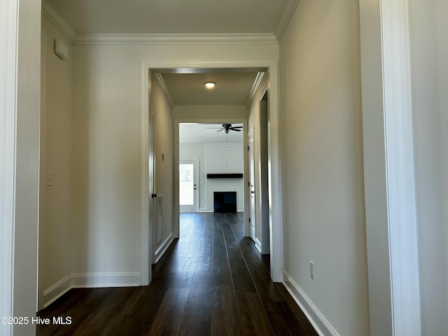 hall with crown molding, baseboards, and dark wood-type flooring