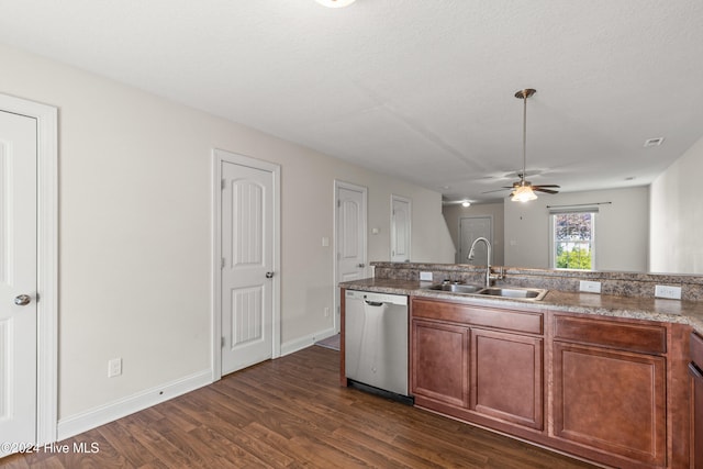 kitchen featuring ceiling fan, dishwasher, sink, dark wood-type flooring, and a textured ceiling