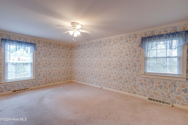 carpeted empty room with a wealth of natural light, crown molding, and ceiling fan