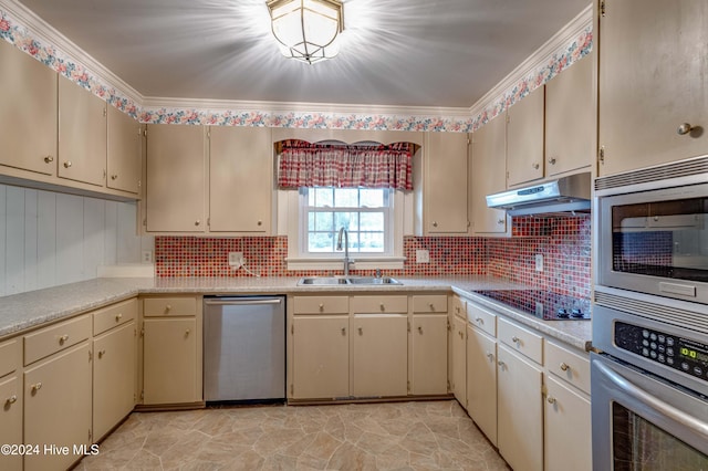 kitchen with black electric stovetop, crown molding, sink, stainless steel dishwasher, and cream cabinetry