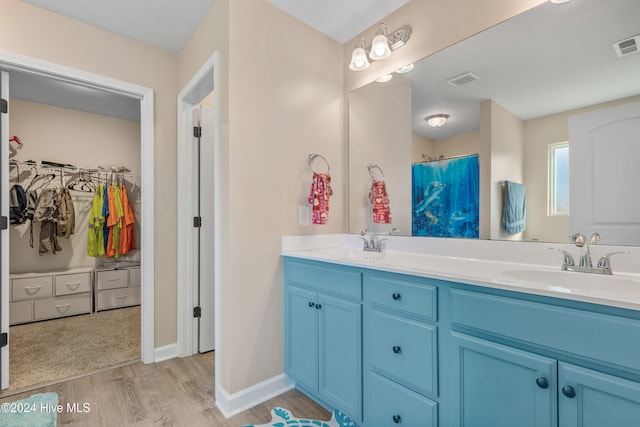 bathroom featuring hardwood / wood-style flooring, vanity, and curtained shower