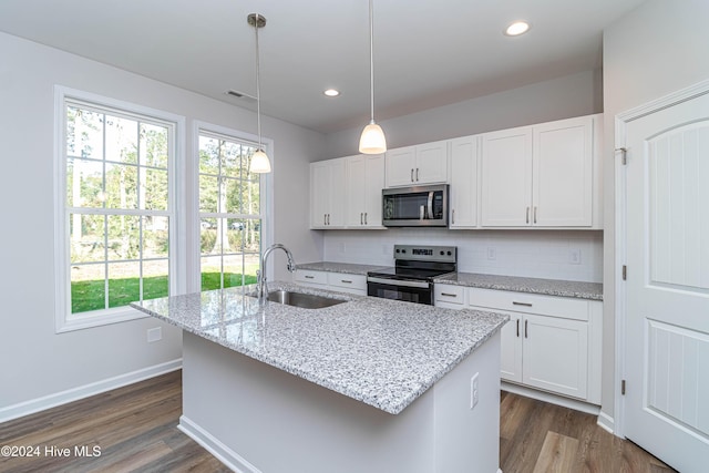 kitchen with white cabinetry, stainless steel appliances, sink, and a center island with sink