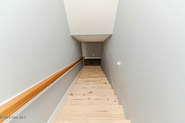 stairway with hardwood / wood-style floors