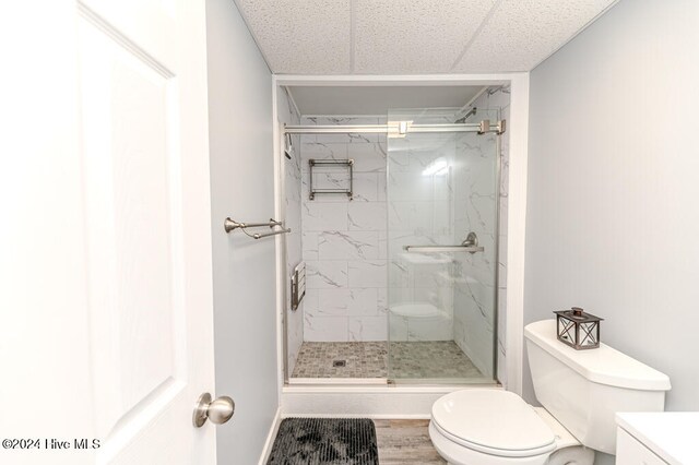 bathroom featuring vanity, wood-type flooring, an enclosed shower, and toilet