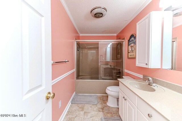 full bathroom with a textured ceiling, ornamental molding, and enclosed tub / shower combo