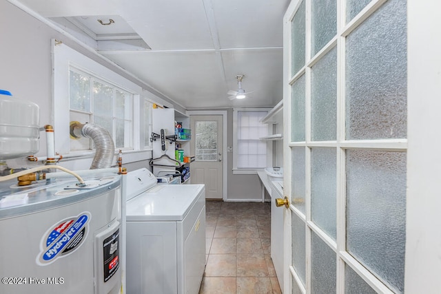 clothes washing area featuring ceiling fan, light tile patterned floors, washer / clothes dryer, and water heater