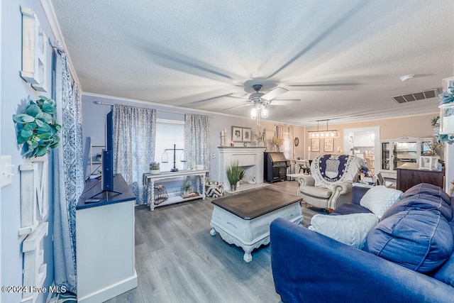 living room with hardwood / wood-style flooring, crown molding, and a textured ceiling