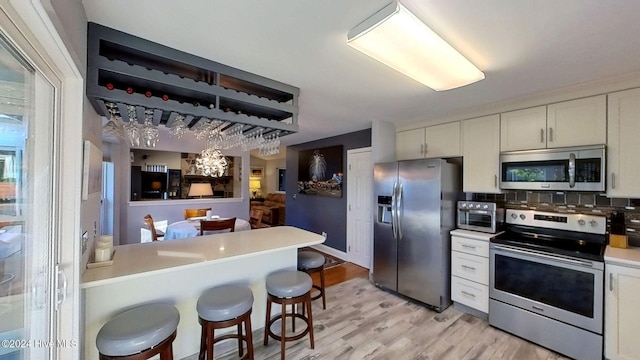 kitchen featuring white cabinets, a kitchen bar, kitchen peninsula, stainless steel appliances, and light hardwood / wood-style flooring