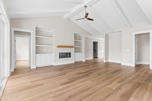 unfurnished living room featuring built in features, lofted ceiling with beams, light hardwood / wood-style flooring, and ceiling fan