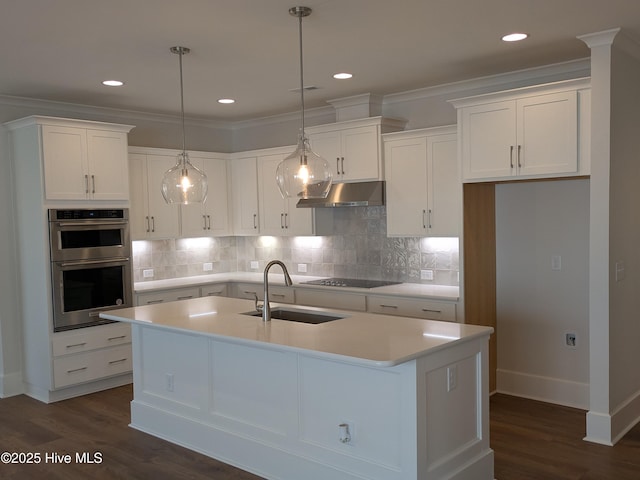 kitchen with dark wood-style floors, stainless steel double oven, under cabinet range hood, white cabinetry, and a sink