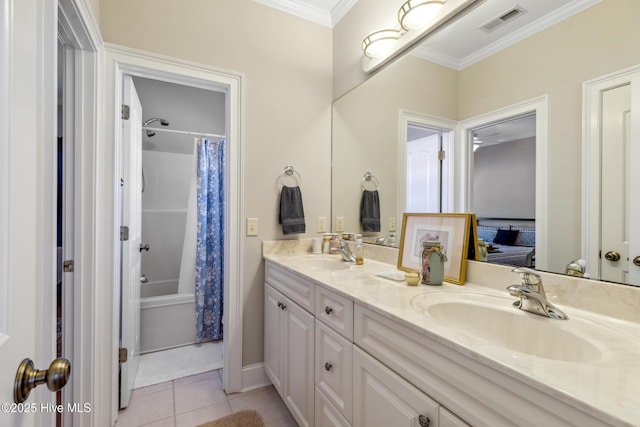 bathroom with vanity, shower / tub combo, tile patterned floors, and crown molding