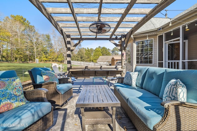 view of patio with an outdoor hangout area and a pergola