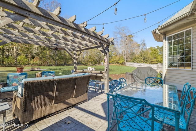 view of patio with an outdoor hangout area, a pergola, and grilling area