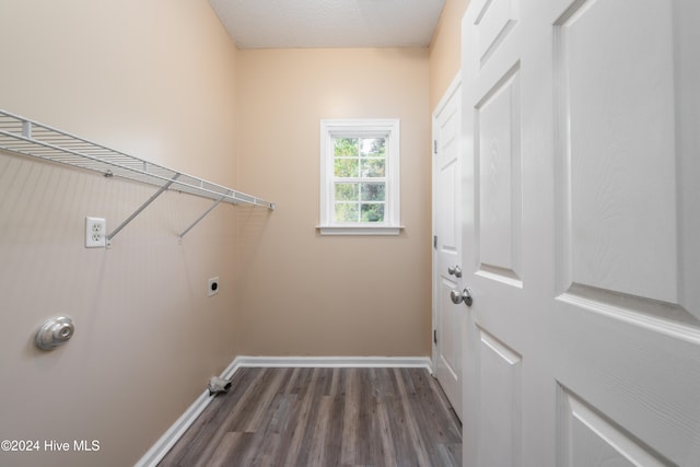 clothes washing area featuring a textured ceiling, electric dryer hookup, and dark wood-type flooring