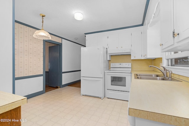 kitchen featuring decorative light fixtures, white cabinets, sink, ornamental molding, and white appliances