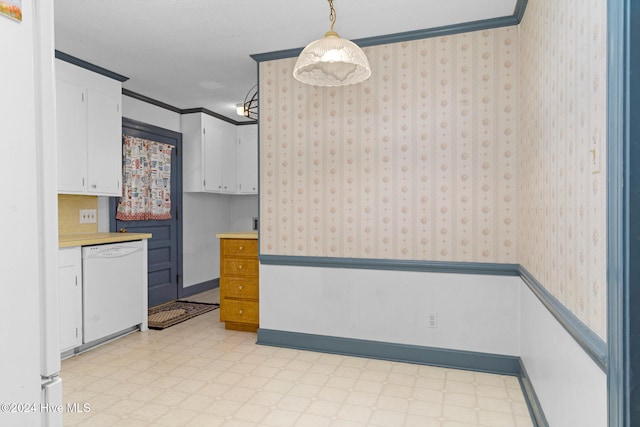 kitchen with white cabinetry, decorative light fixtures, white dishwasher, and crown molding