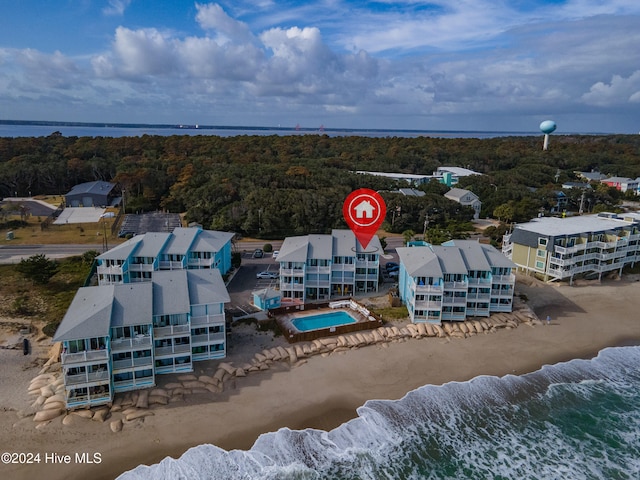 aerial view featuring a beach view and a water view