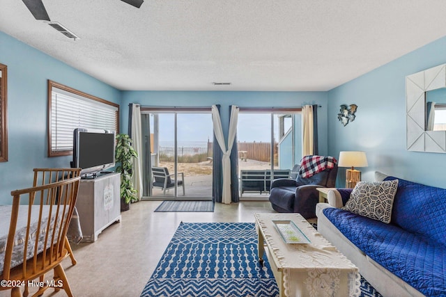 living room with a textured ceiling