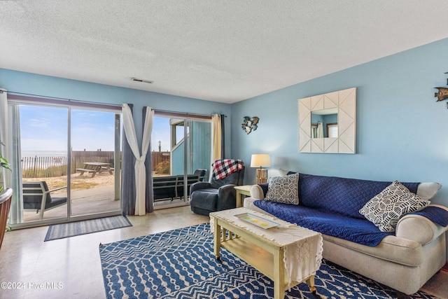 living room with a textured ceiling