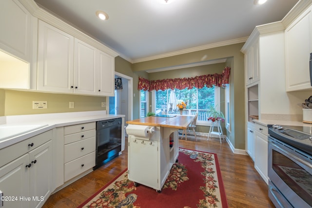 kitchen with dishwasher, dark wood-type flooring, crown molding, stainless steel range with electric stovetop, and white cabinets