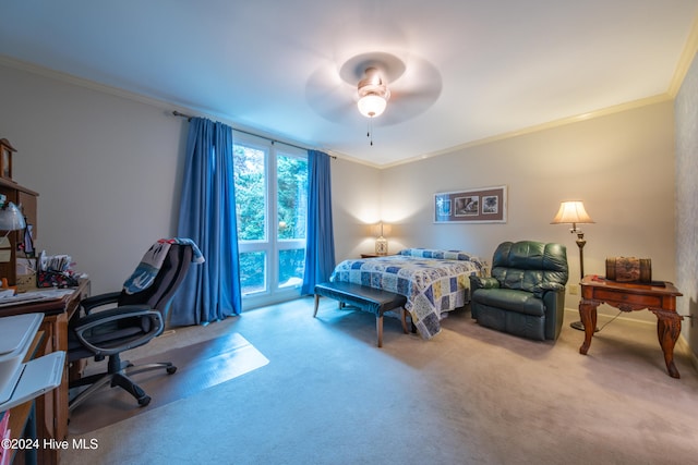 bedroom with carpet flooring, ceiling fan, access to outside, and ornamental molding