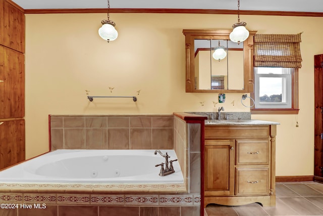 bathroom with tile patterned floors, vanity, ornamental molding, and tiled bath