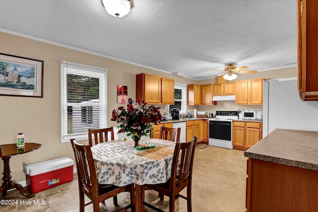 kitchen with ceiling fan, sink, white appliances, and a textured ceiling