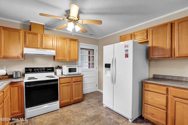 kitchen with a textured ceiling, crown molding, ceiling fan, and white appliances