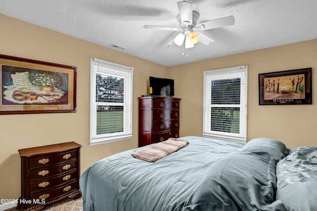 bedroom featuring ceiling fan, a textured ceiling, and multiple windows