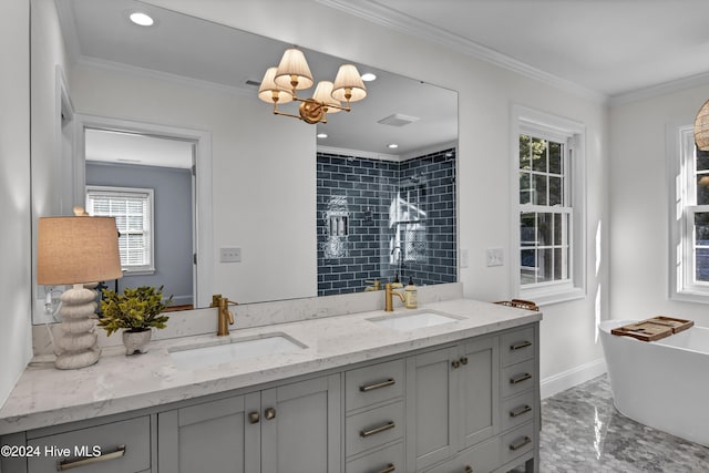 1831 Hawthorne Rd, Wilmington, NC 28403 - bathroom with marble finish flooring, a soaking tub, double vanity, ornamental molding, and a tile shower